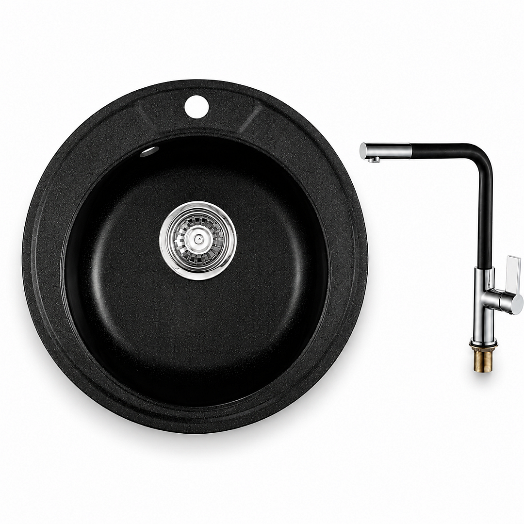 Комплект мивка и смесител 8301 BLACK + 718650 BLACK Inter Ceramic – Inter Ceramic 11.12.77.0107